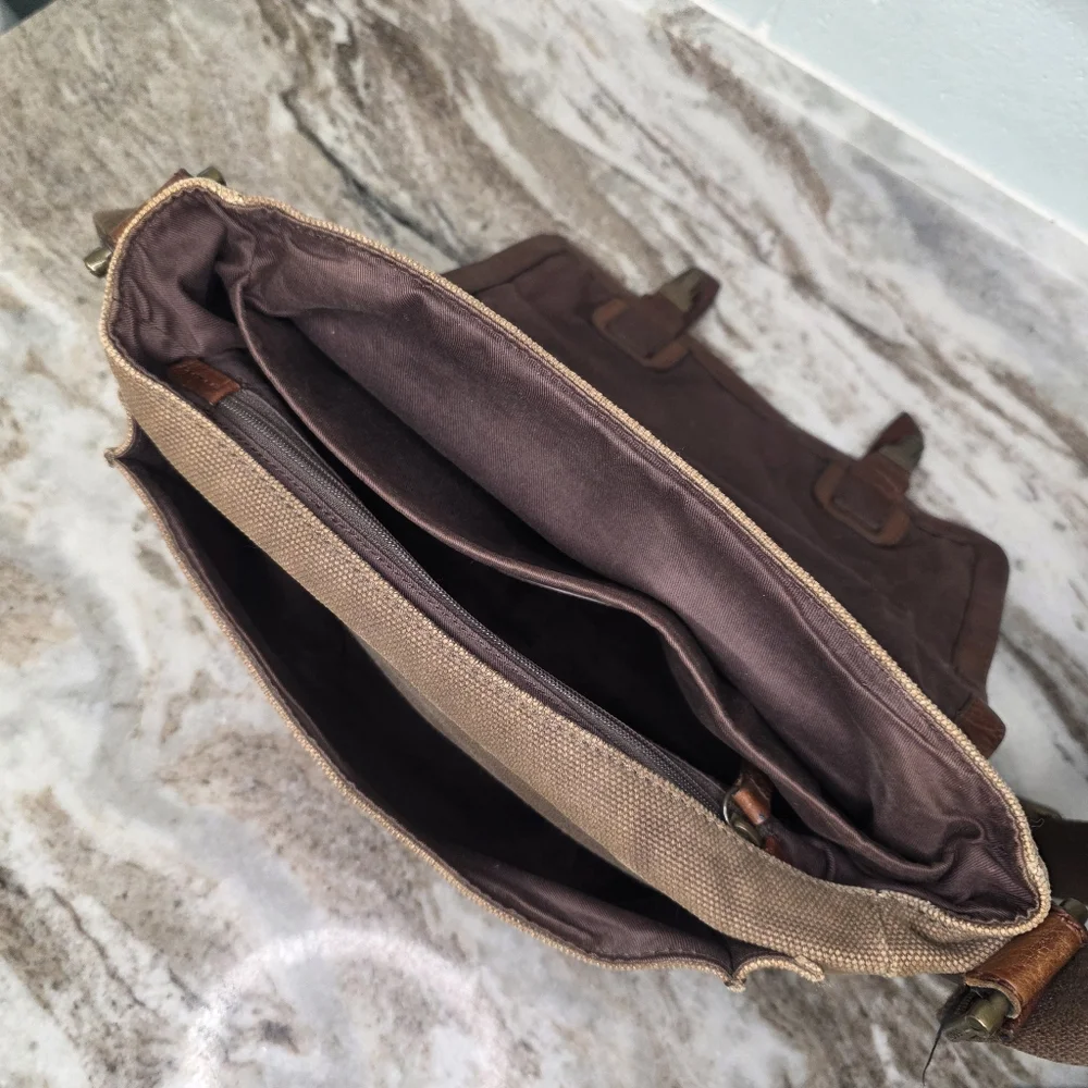 Fossil Brown Leather and Tan Canvas Messenger Bag